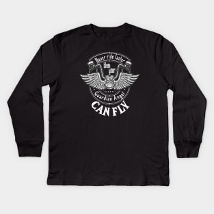 Never ride faster than your guardian angel can fly, bike lover, bike life, motocross gift idea, motocross armor, motorcycle lover, sports bike, mountain sport Kids Long Sleeve T-Shirt